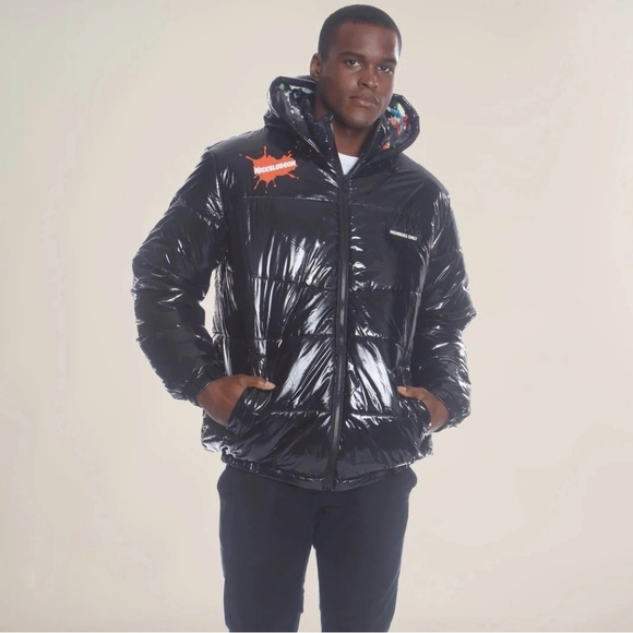 Members Only x Nickelodeon Shiny Back Puffer Jacket Medium Hood 90s Cartoons